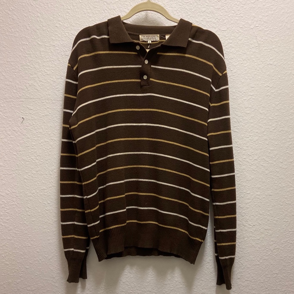 Long Sleeve Collared Polo Shirt - Brown w/ Yellow & White Stripes